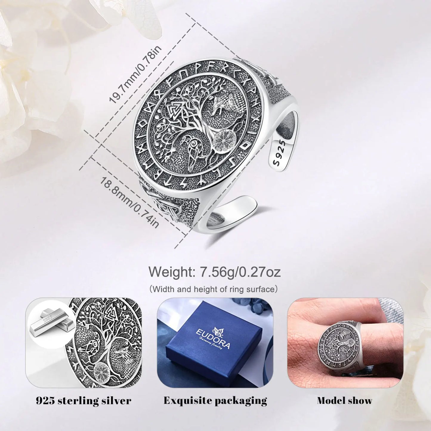 925 Sterling Silver Viking Raven Wolf Adjustable Ring