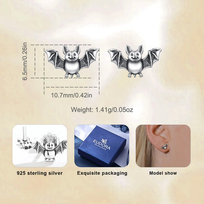 Real 925 Sterling Silver Cute Bat Stud Earrings