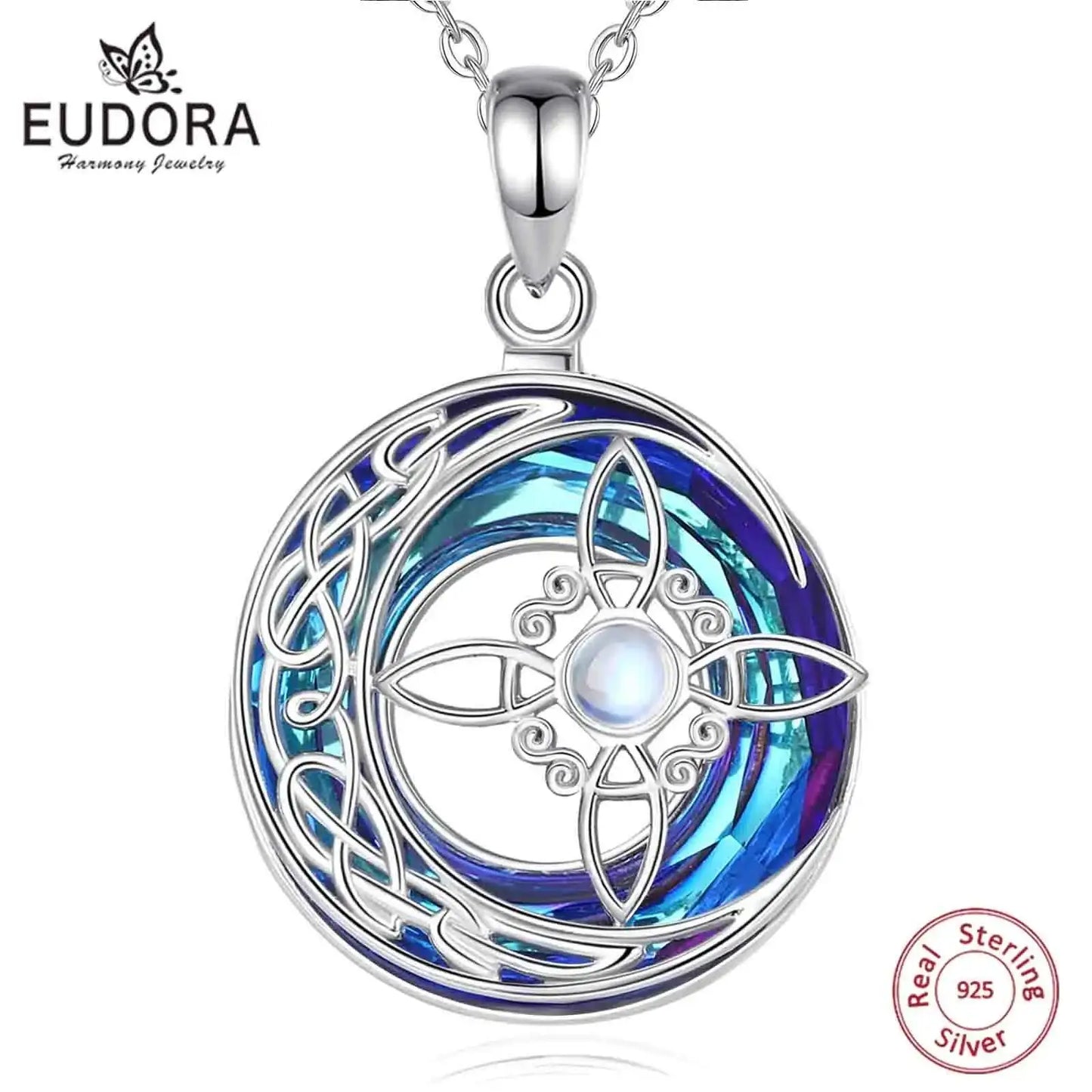 925 Sterling Silver Witch Knot Necklace with Austrian Crystal Moonstone