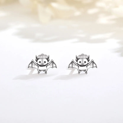Real 925 Sterling Silver Cute Bat Stud Earrings