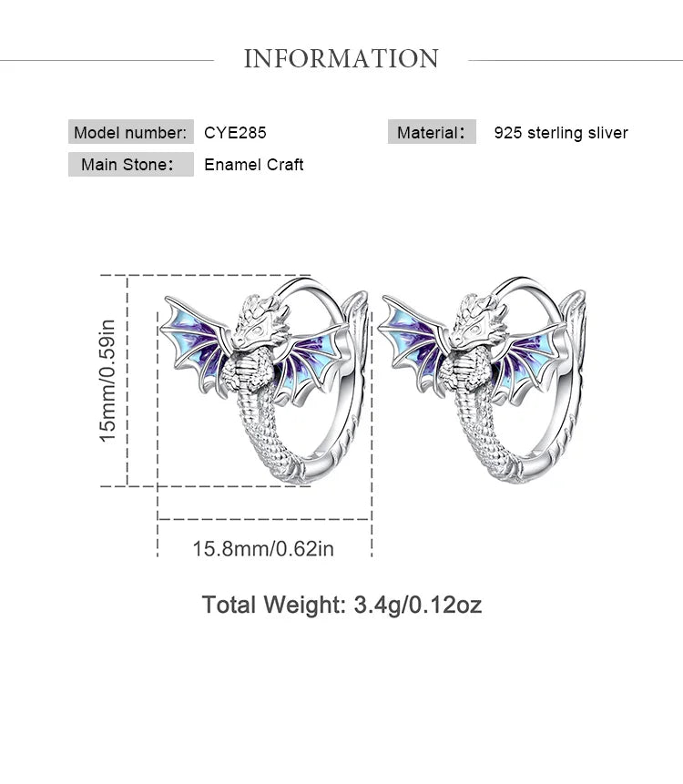 925 Sterling Silver Flying Dragon Hoop Earrings