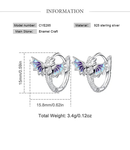 925 Sterling Silver Flying Dragon Hoop Earrings
