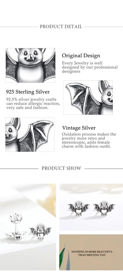 Real 925 Sterling Silver Cute Bat Stud Earrings