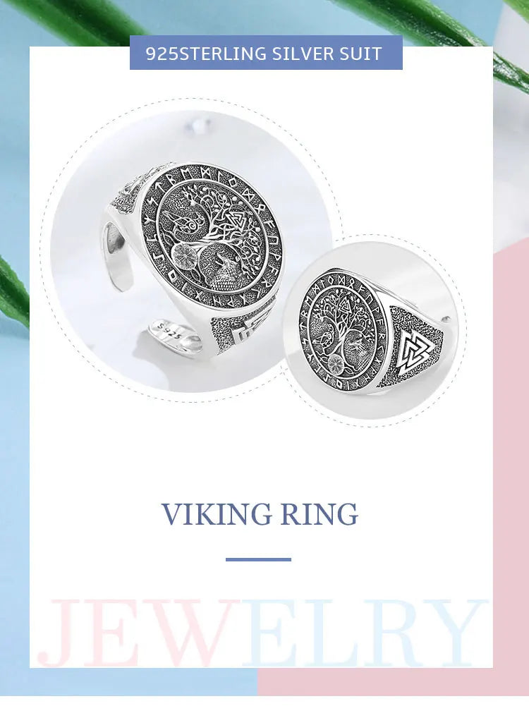 925 Sterling Silver Viking Raven Wolf Adjustable Ring