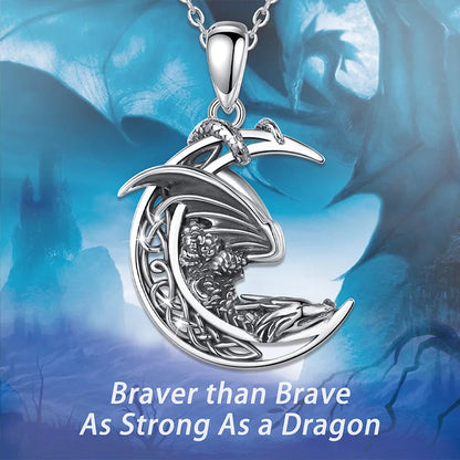 925 Sterling Silver Dragon Necklace Vintage Celtic Knot Moon Pendant