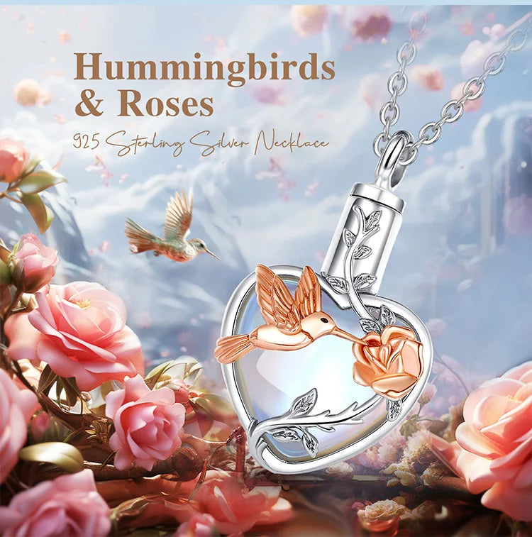 925 Sterling Silver Hummingbird Rose Ashes Urn Pendant